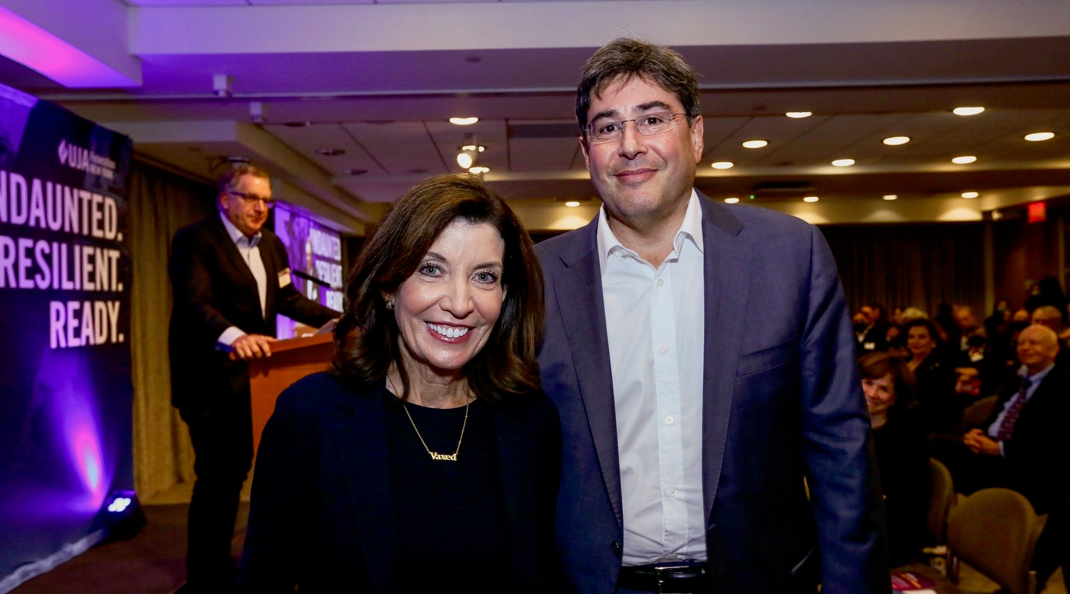 Eric S. Goldstein, right, CEO of UJA-Federation of New York, is seen with Gov. Kathy Hochul at UJA’s 2022 Annual Campaign kickoff, Oct. 28, 2021. (Michael Priest Photography via UJA)