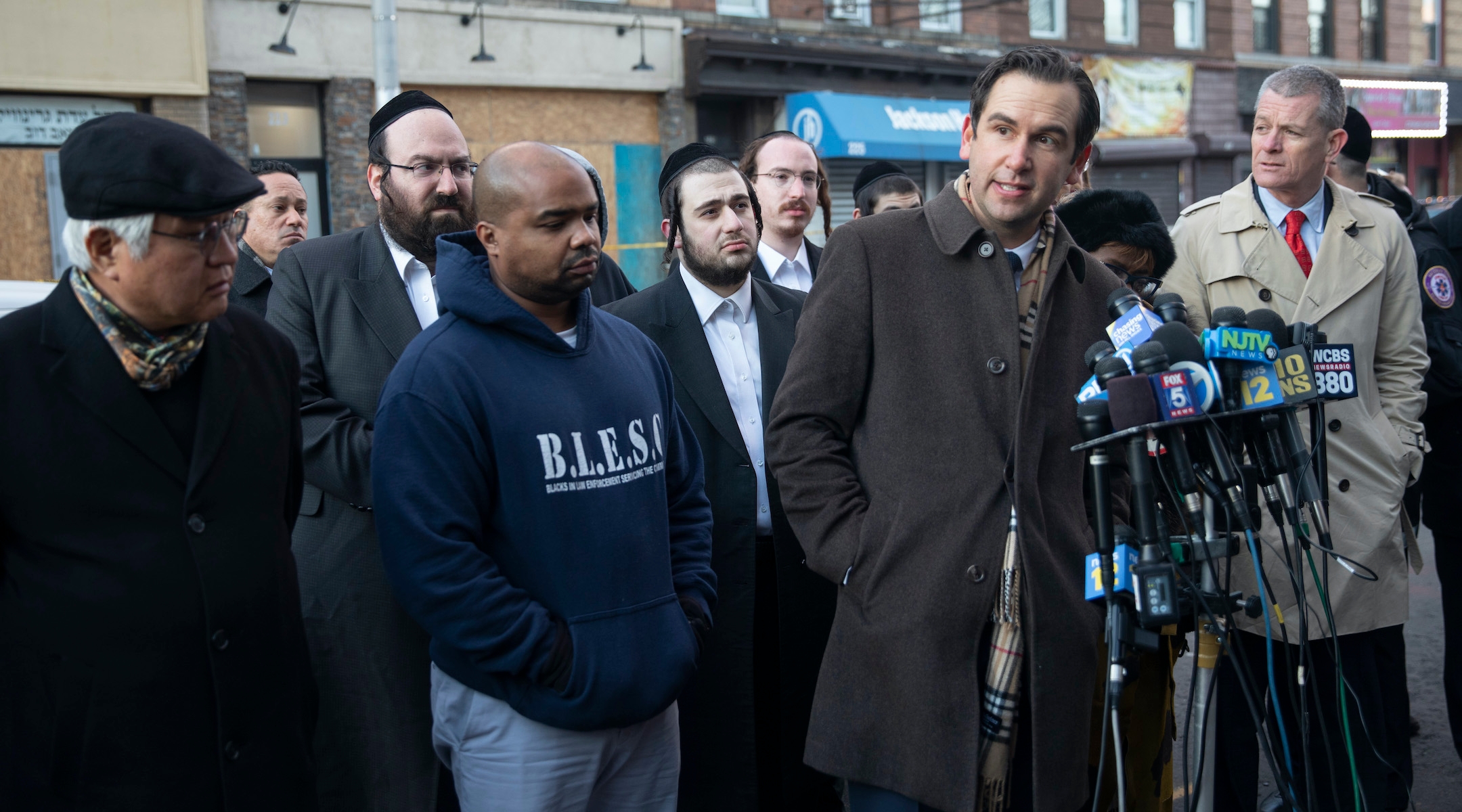 Jersey City Mayor Steven Fulop speaks to reporters at the scene of the shooting at a kosher market, Dec. 11, 2019.