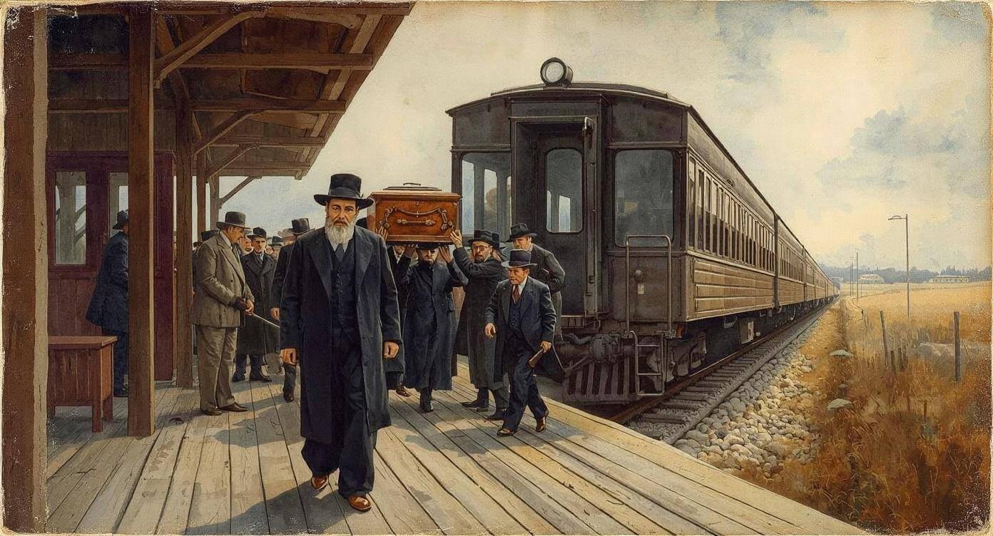 An AI-generated image of mourners loading a coffin onto a train.