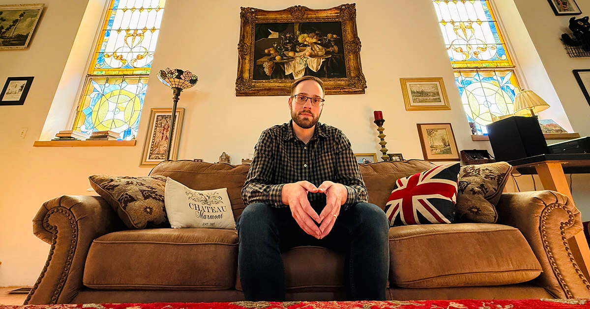 Austin Albanese in the former sanctuary of Congregation B'nai Israel in Lancaster, Ohio.