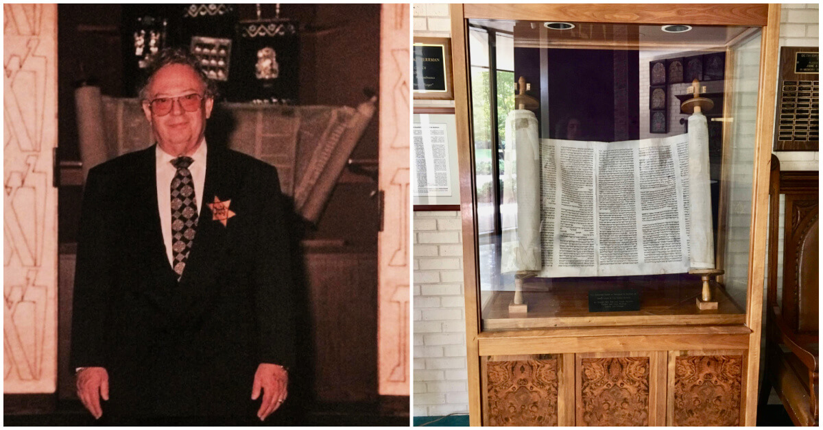Auschwitz survivor Gilbert Metz stands in front of the ark at Beth Israel Congregation in Jackson, Mississippi. Behind him is a Torah he helped rescue from the Holocaust. It has been on permanent display at the front of the building since 1992.
