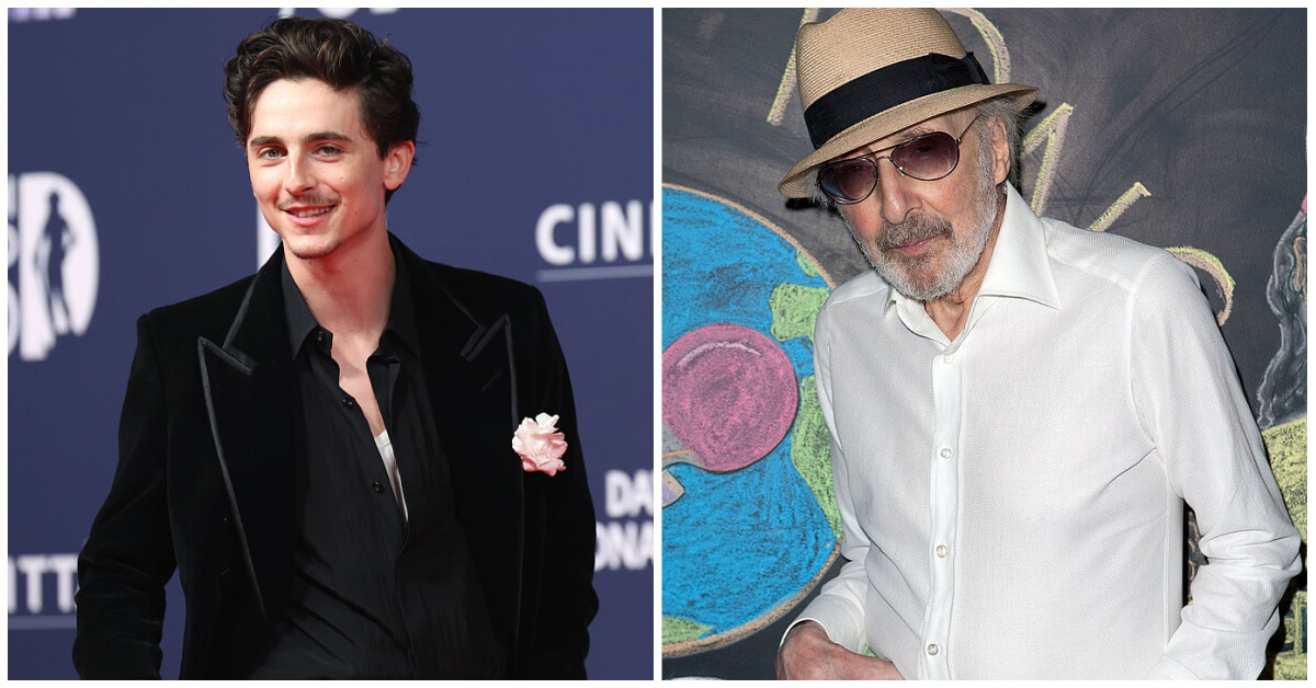 Timothée Chalamet, left, and Marty Reisman, the real life ping-pong champion who inspired the <i>Marty Supreme</i> movie.