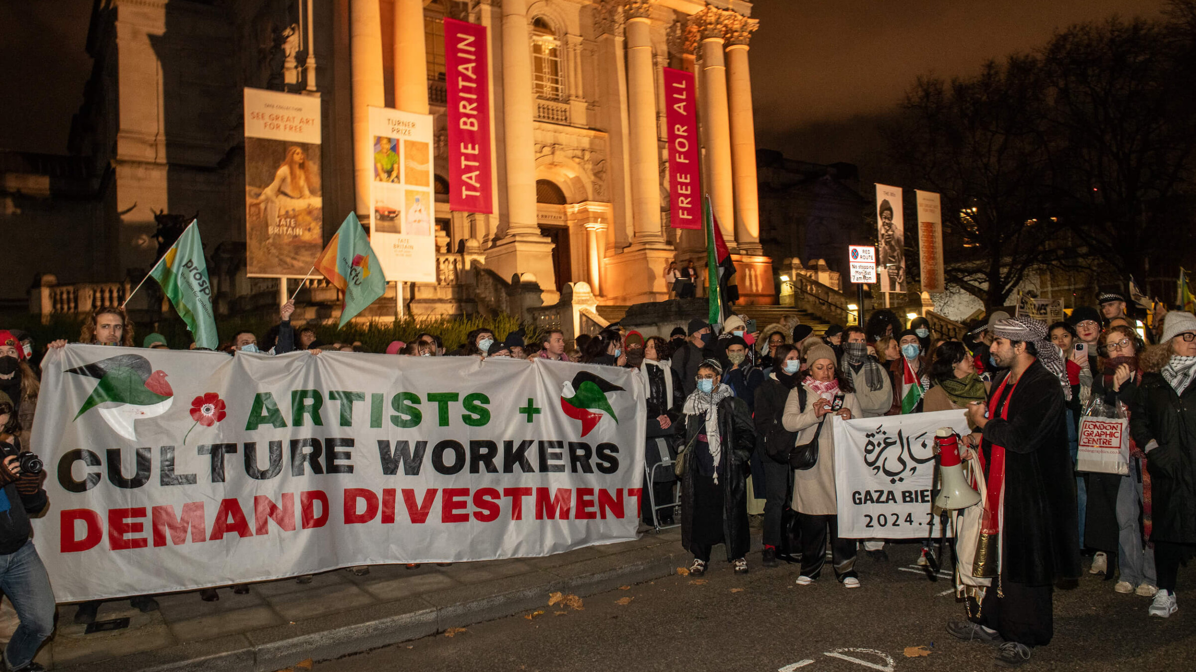 Protestors demonstrate outside the Tate Britain in London on Dec. 3, 2024, calling for British art institution to divest from organizations that they claim have "economic and ideological links" to Israel.
