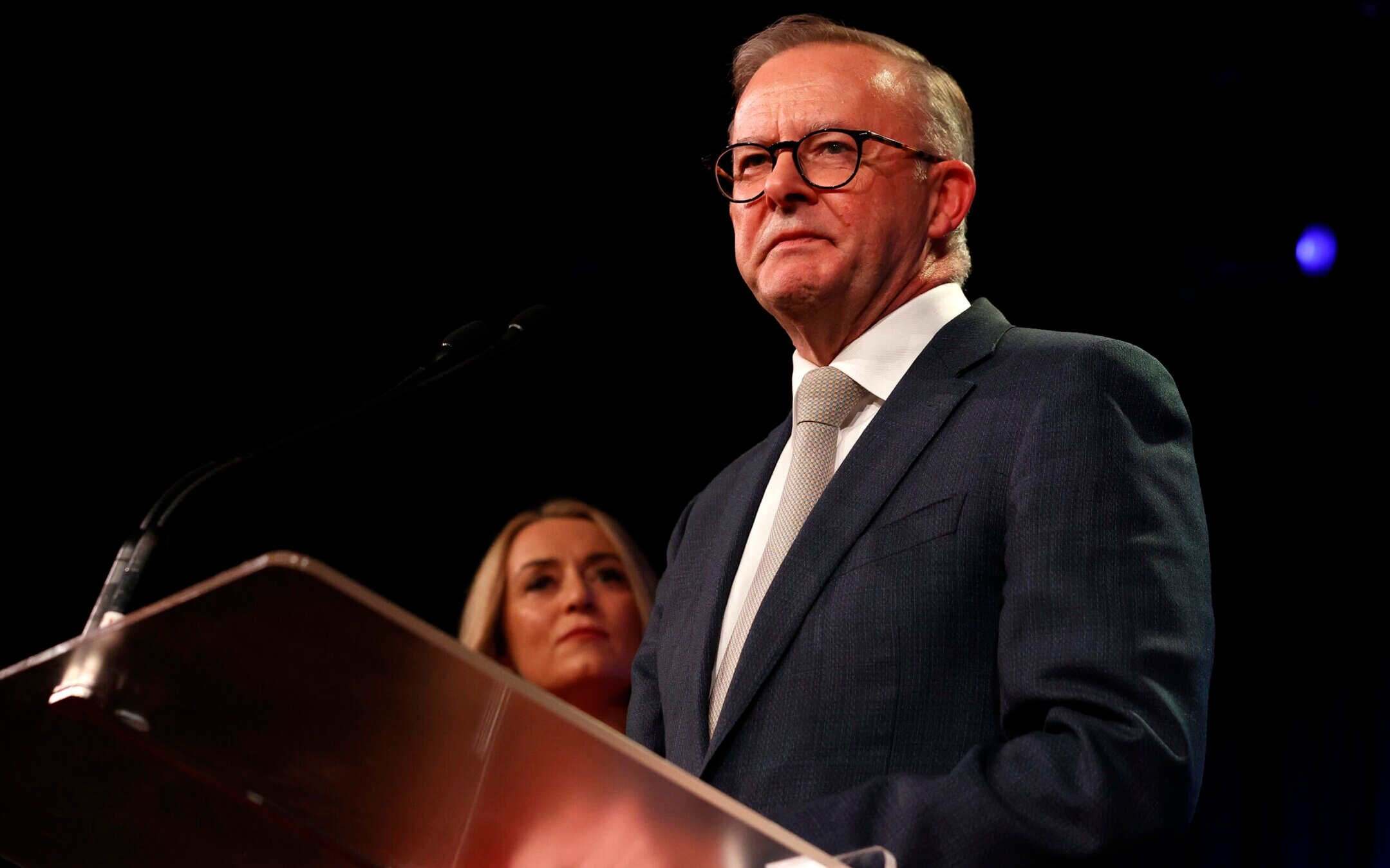 Australia’s prime minister, Anthony Albanese, delivers his victory speech during the Labor Party election night event in Sydney, May 21, 2022 in Sydney, Australia