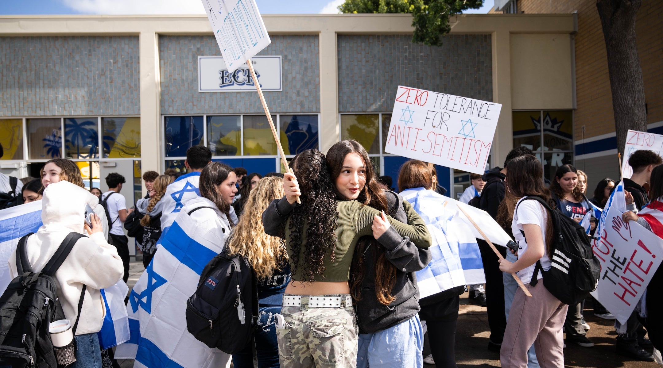 Jewish students at El Camino Real Charter High School walk out to protest antisemitic incidents at the Los Angeles school on Feb. 27, 2024.