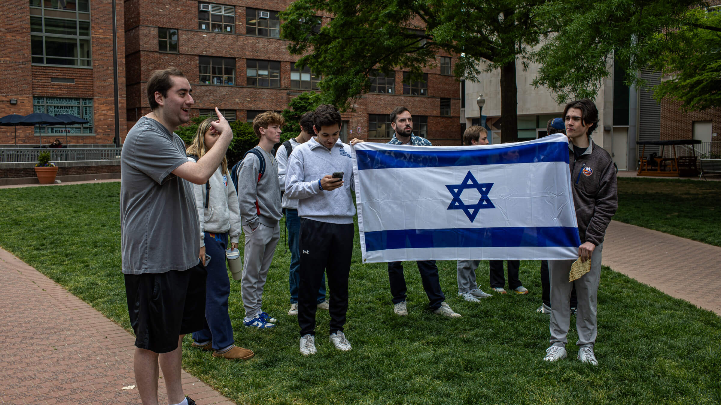 Students protest an pro-Palestinian encampment George Washington University on April 25, 2024.