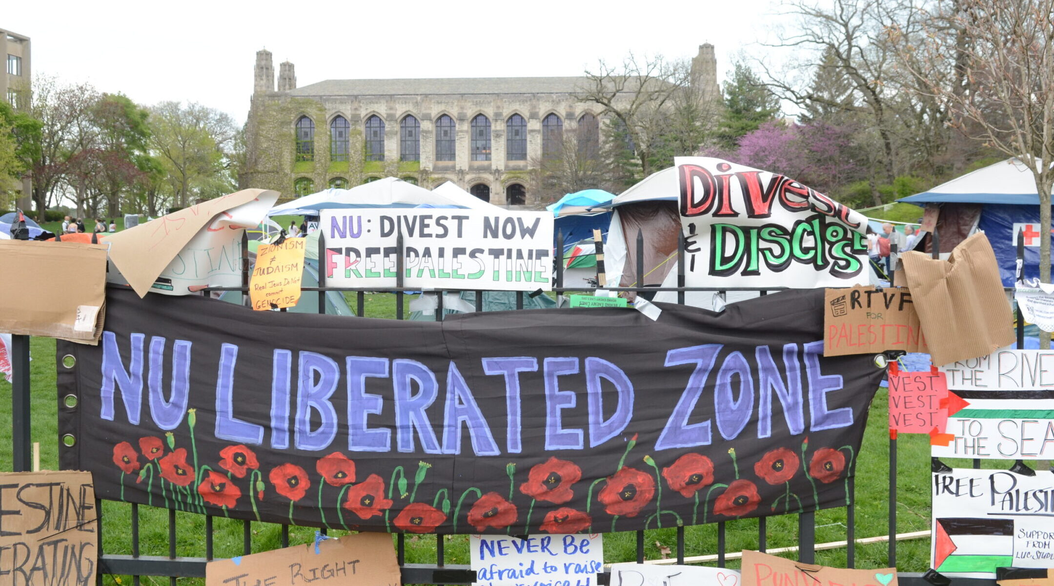 Students and residents camp outside Northwestern University during a pro-Palestinian protest in April 2024.