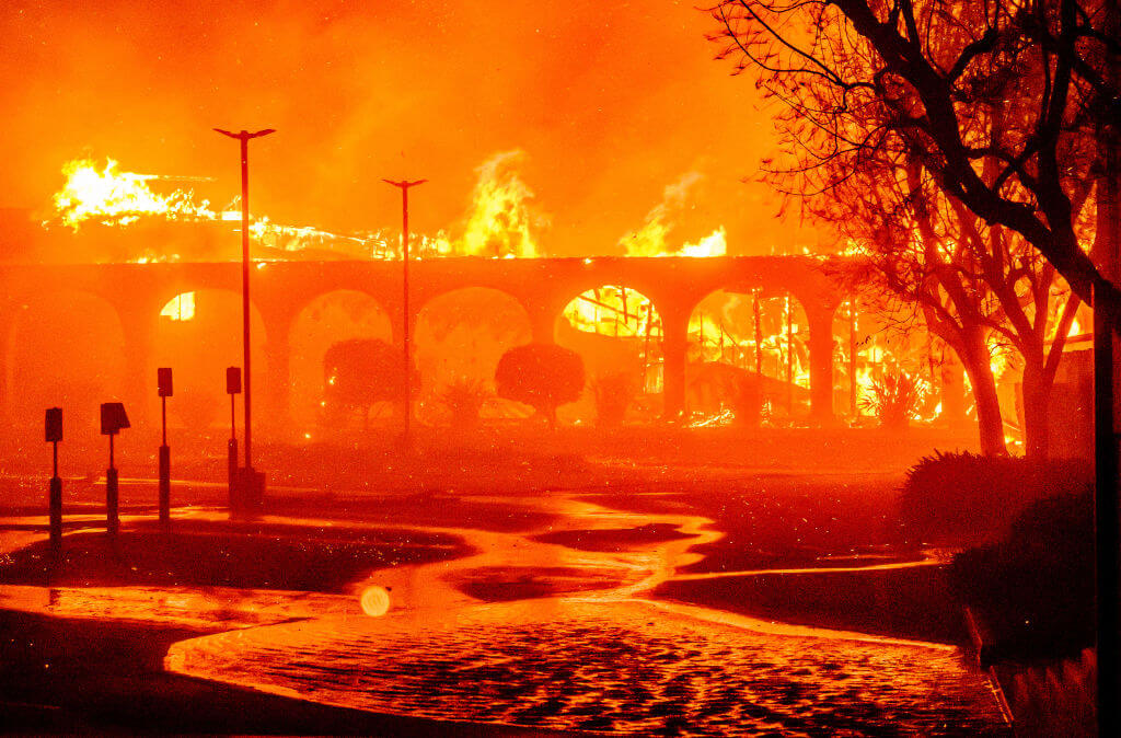 The Pasadena Jewish Temple and Center burns during the wildfire in Pasadena, California on January 7, 2025.