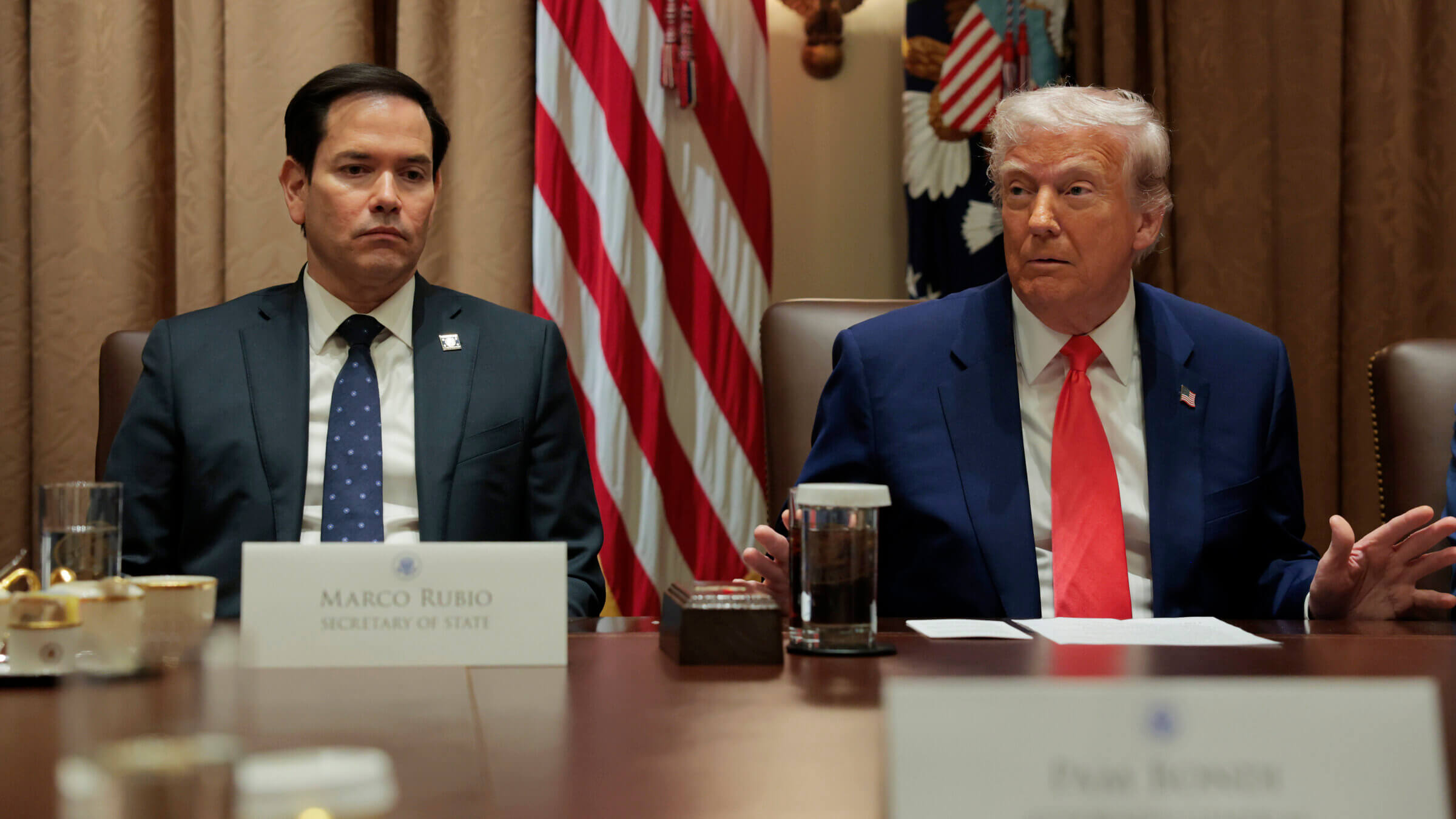 U.S. Secretary of State Marco Rubio speaks alongside U.S. President Donald Trump during a Cabinet meeting at the White House on April 10.