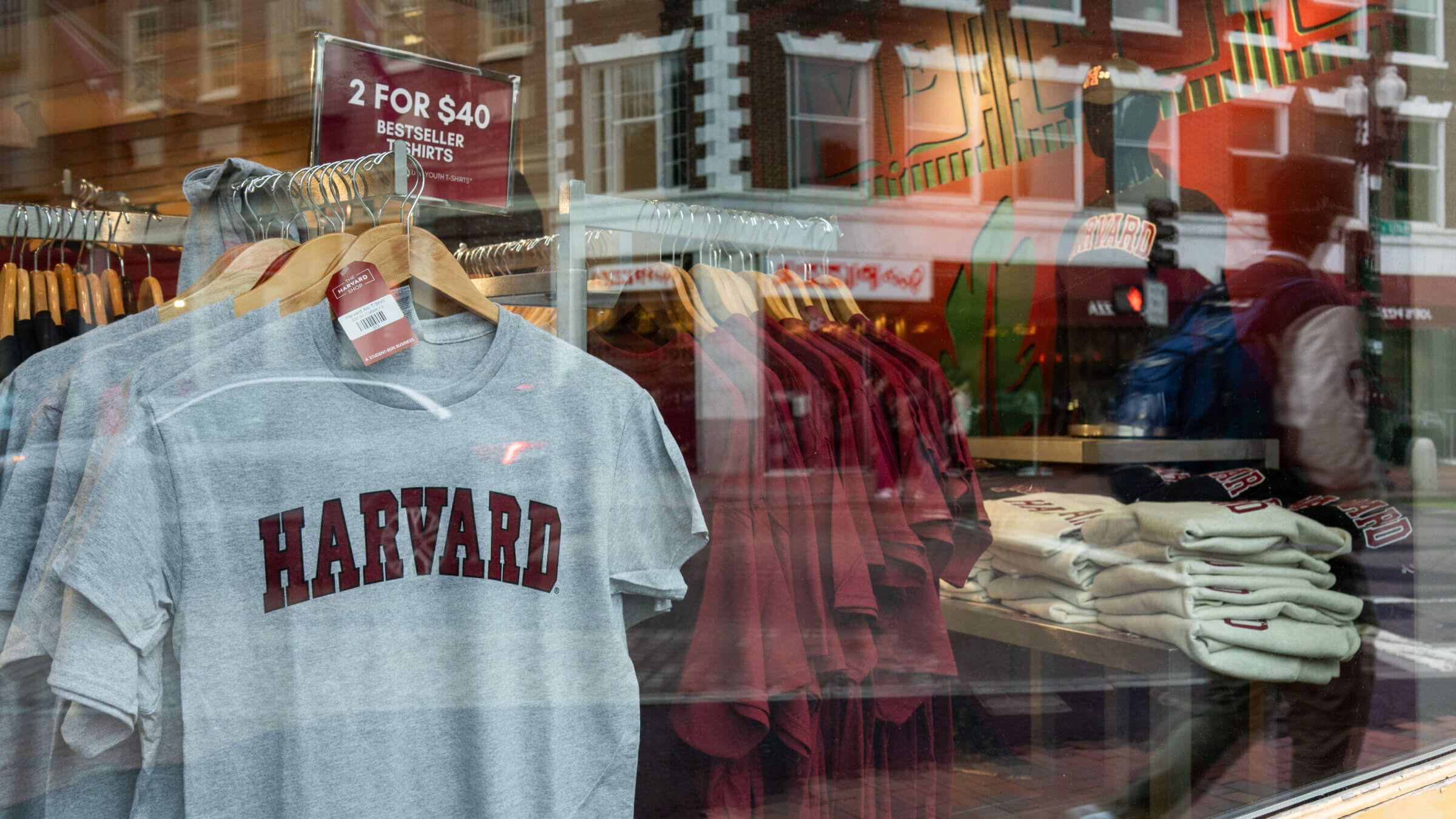 Harvard University merchandise displayed at a store in Cambridge, Massachusetts on May 5.