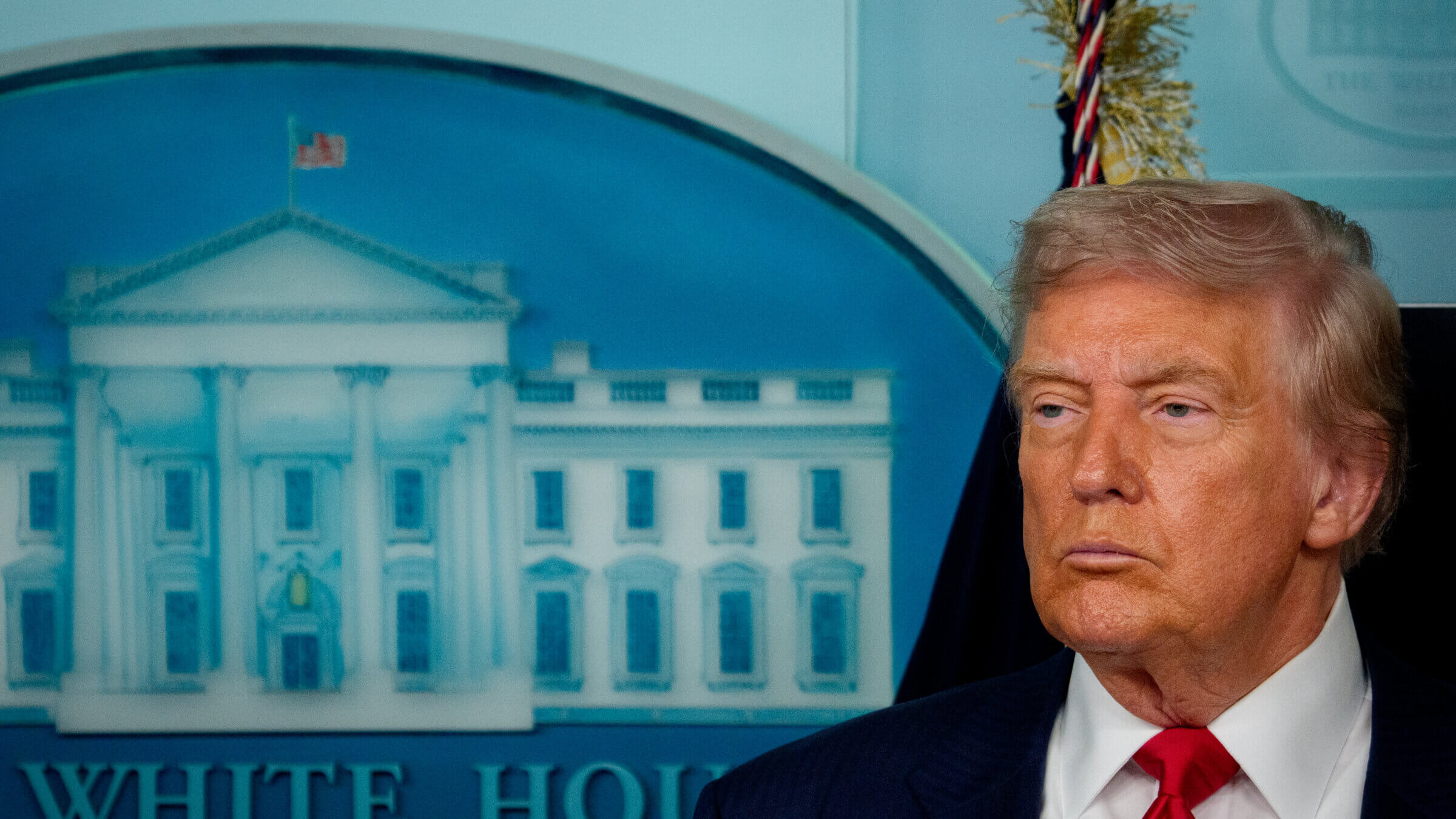 Donald Trump appears during a news conference, Aug. 11, 2025.