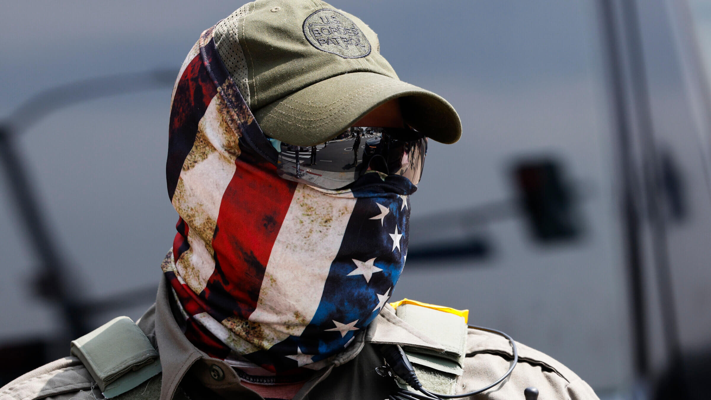 US Border Patrol outside the Japanese American National Museum where Gov. Gavin Newsom was holding a redistricting press conference Aug. 14 in Los Angeles.
