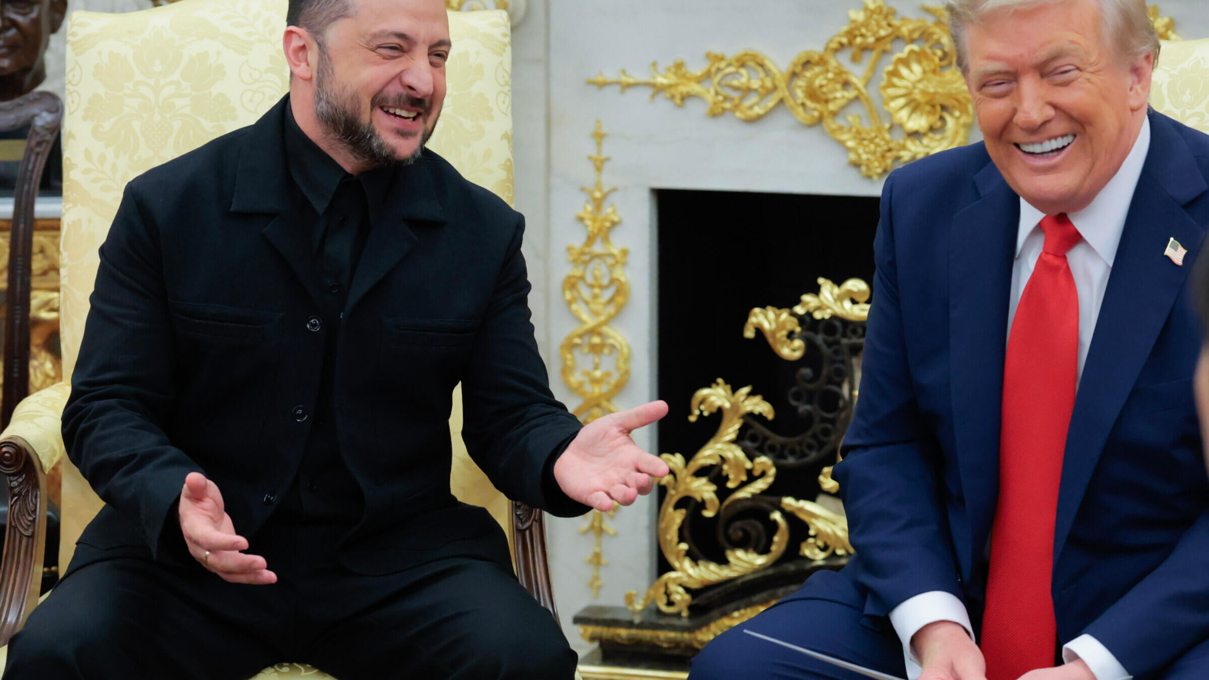 Donald Trump meets with Ukrainian President Volodymyr Zelensky in the Oval Office.