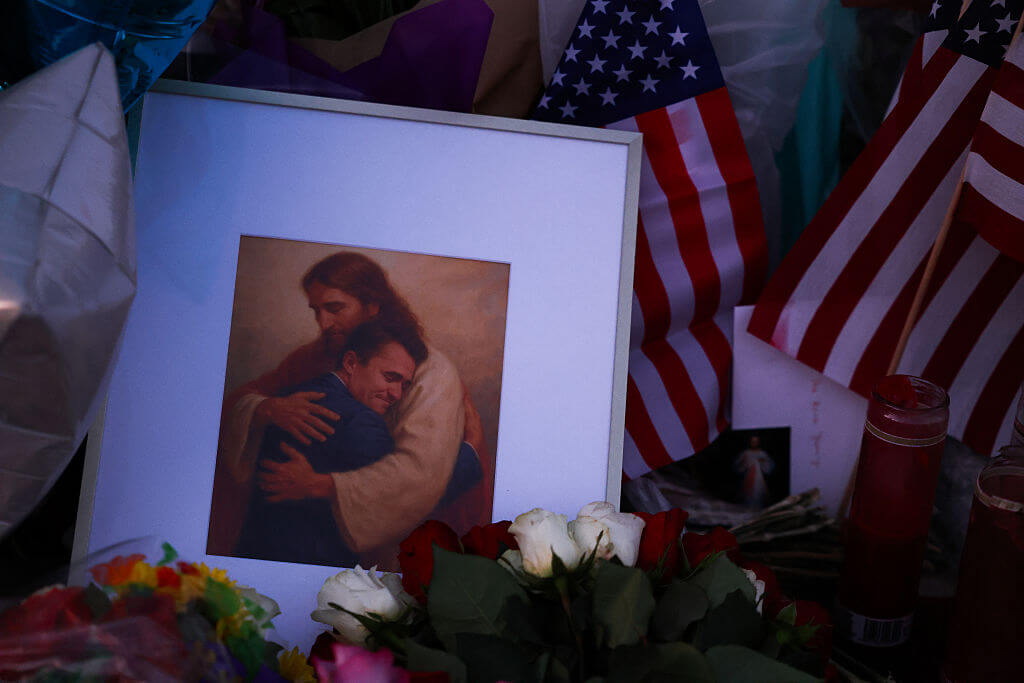 A makeshift memorial for Charlie Kirk outside of the Turning Point USA headquarters in Phoenix, Arizona, on September 14.