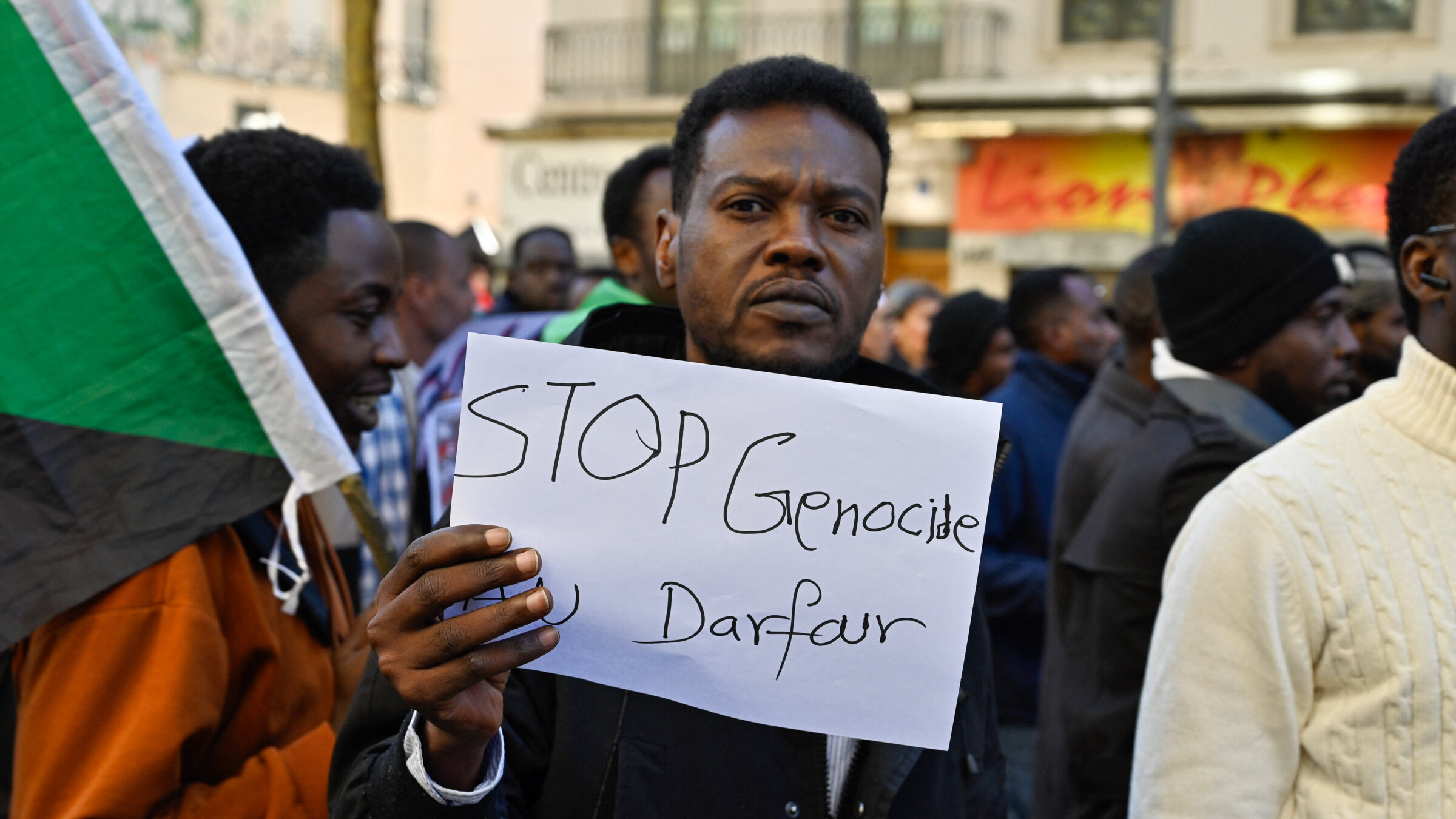 A protester during a demonstration in support of the Sudanese people in Lyon, France, Nov. 8.
