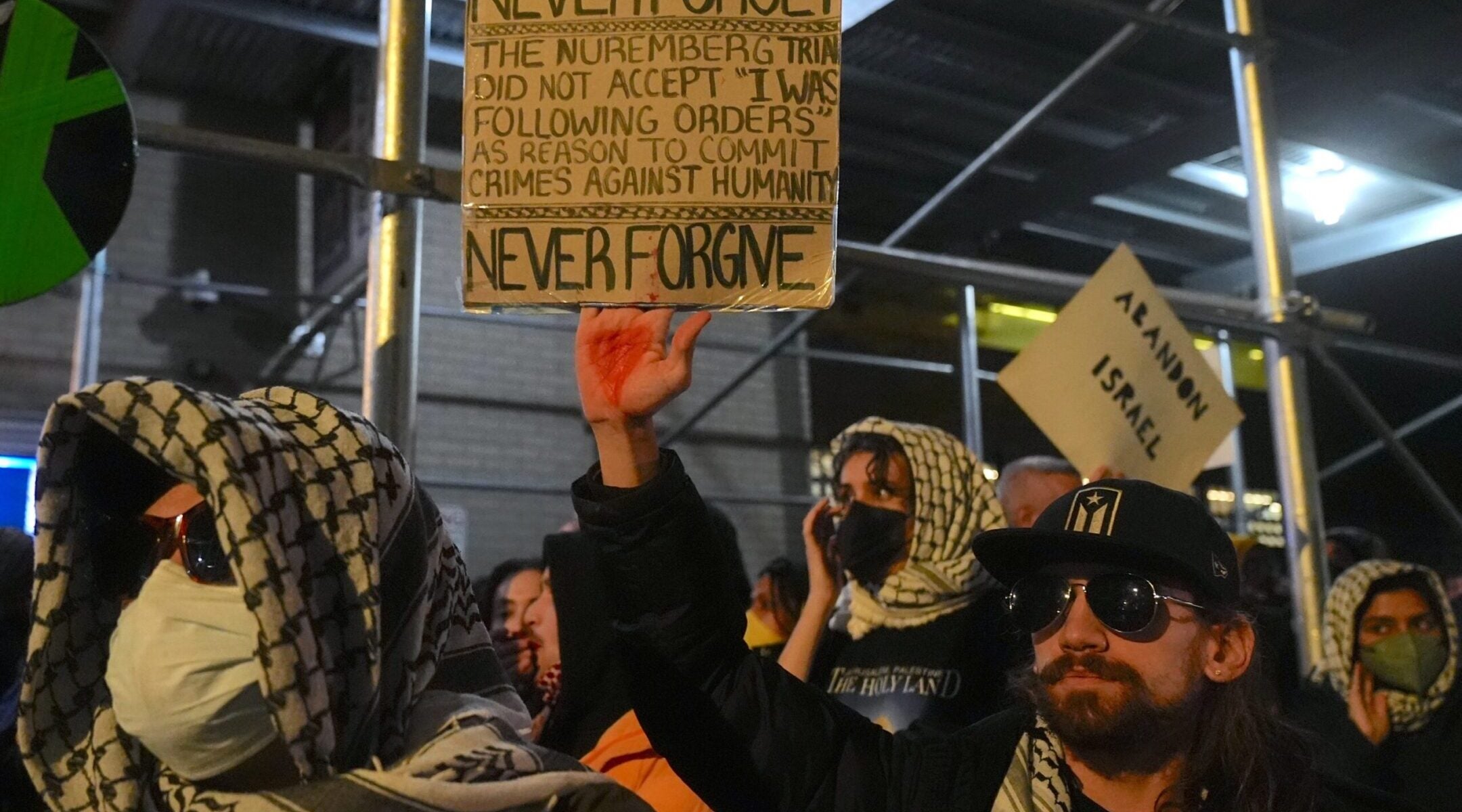 Protesters objecting to an event promoting immigration to Israel gather at Park East Synagogue in Manhattan in November.