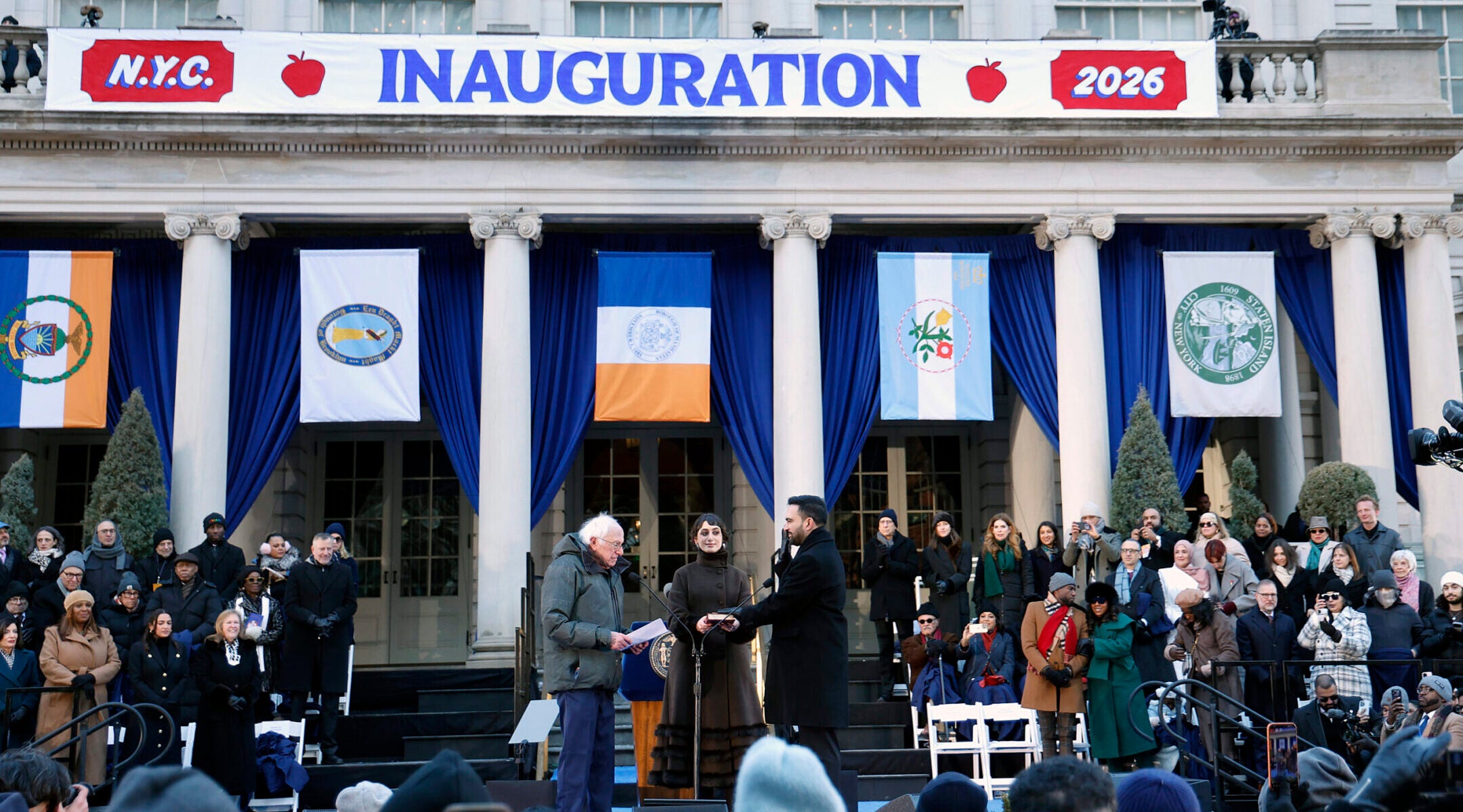 Sen. Bernie Sanders administers the oath of office to the New York City Mayor Zohran Mamdani on Jan. 1, 2026 in New York City.