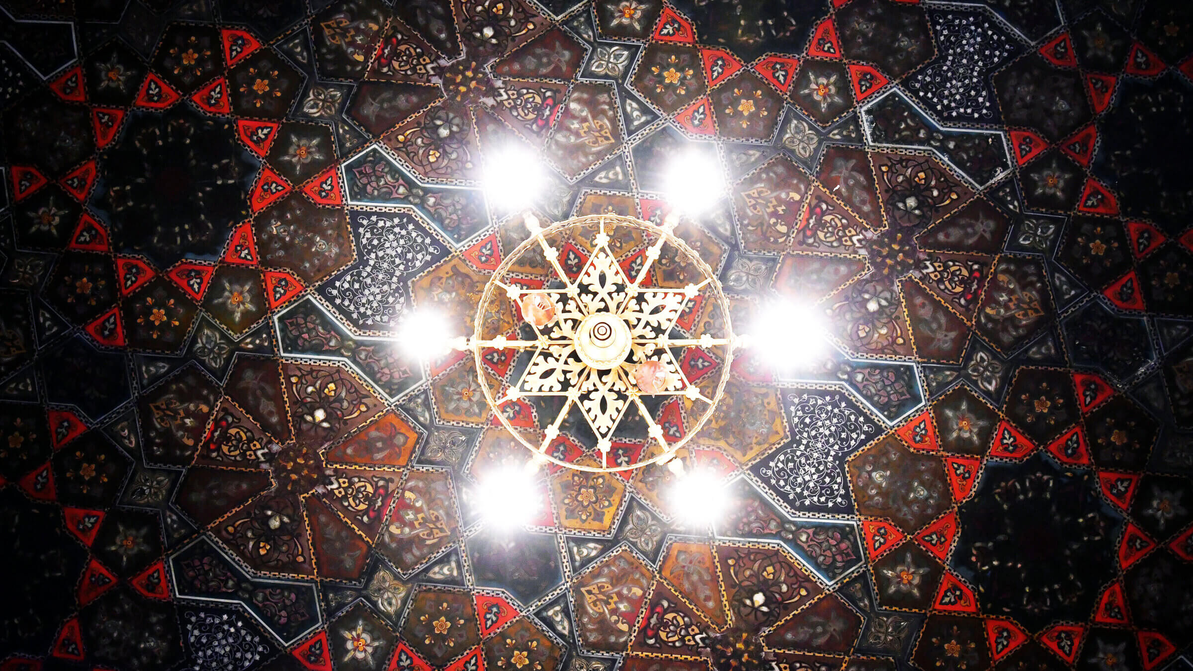 An ornate synagogue ceiling.