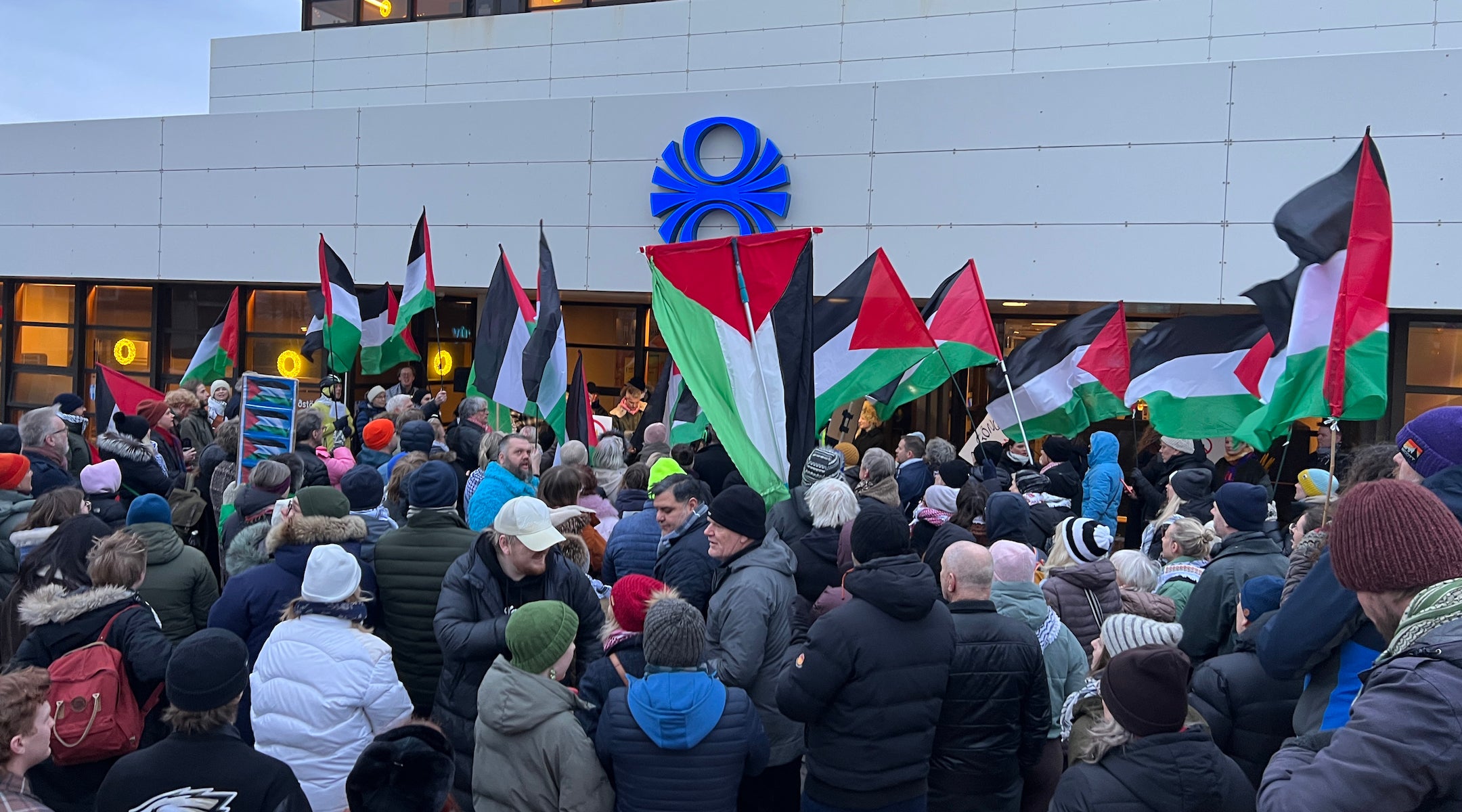 Pro-Palestinian protestors demonstrate outside the office of Iceland’s state broadcaster RUV on Dec. 10, 2025 in Reykjavik, Iceland.