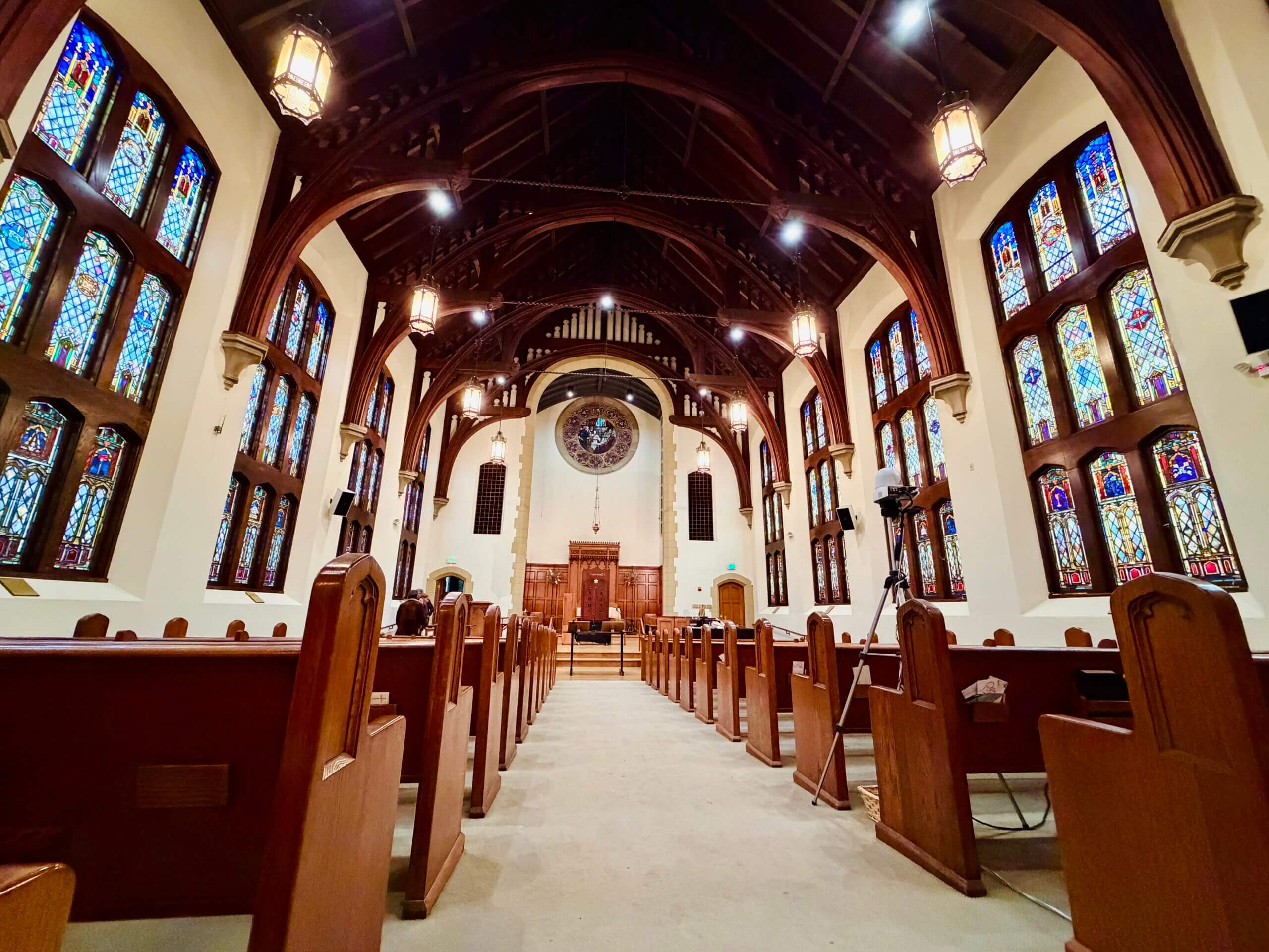 The chapel of the First United Methodist Church in Pasadena is the temporary home of the Pasadena Jewish Temple and Center, which lost its building in a Jan. 2025 wildfire.