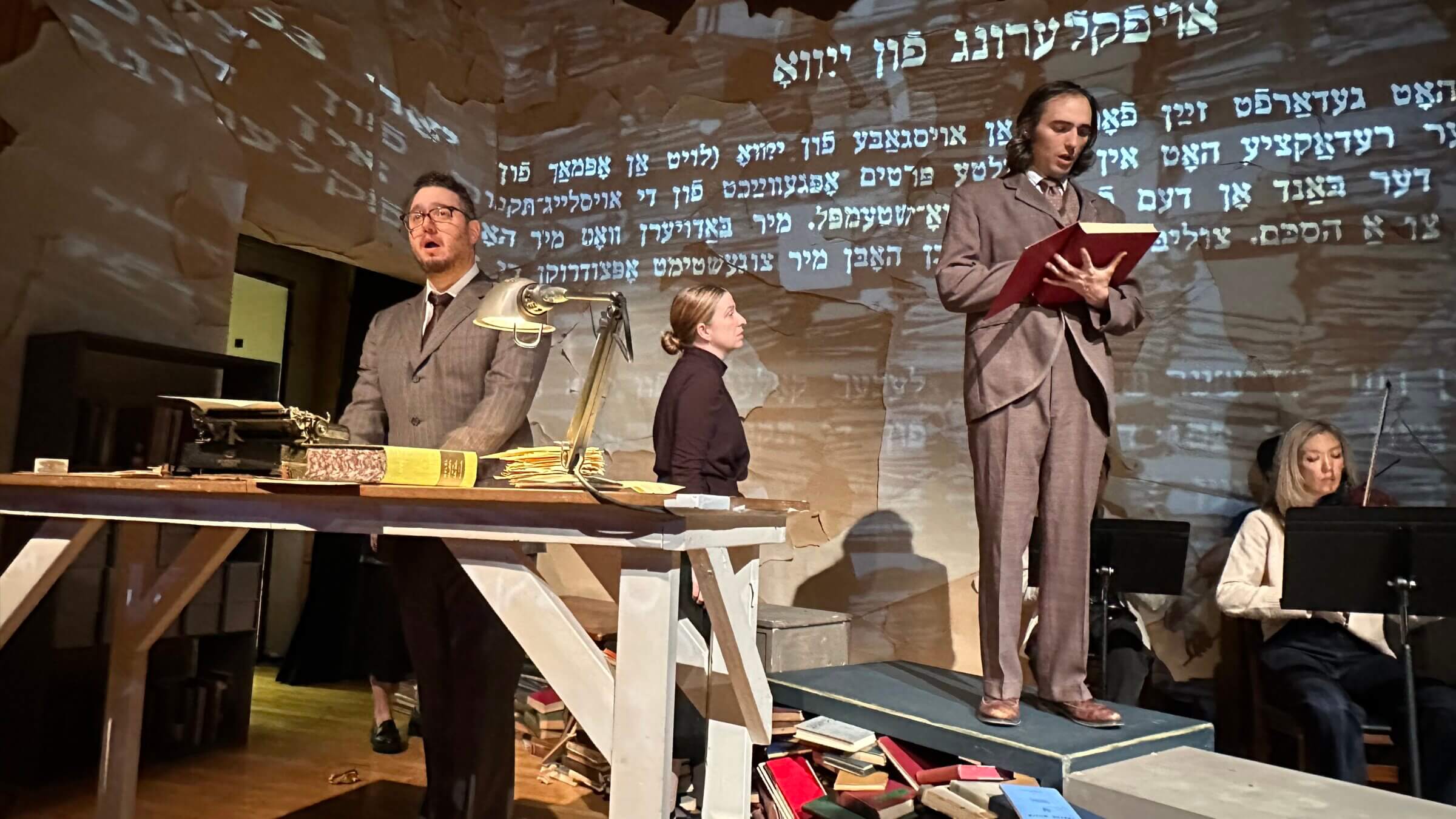Gideon Dabi as Max Weinreich and Jason Weisinger as Yudel Mark in Alex Weiser and Ben Kaplan's <i>The Great Dictionary of the Yiddish Language.</i>
