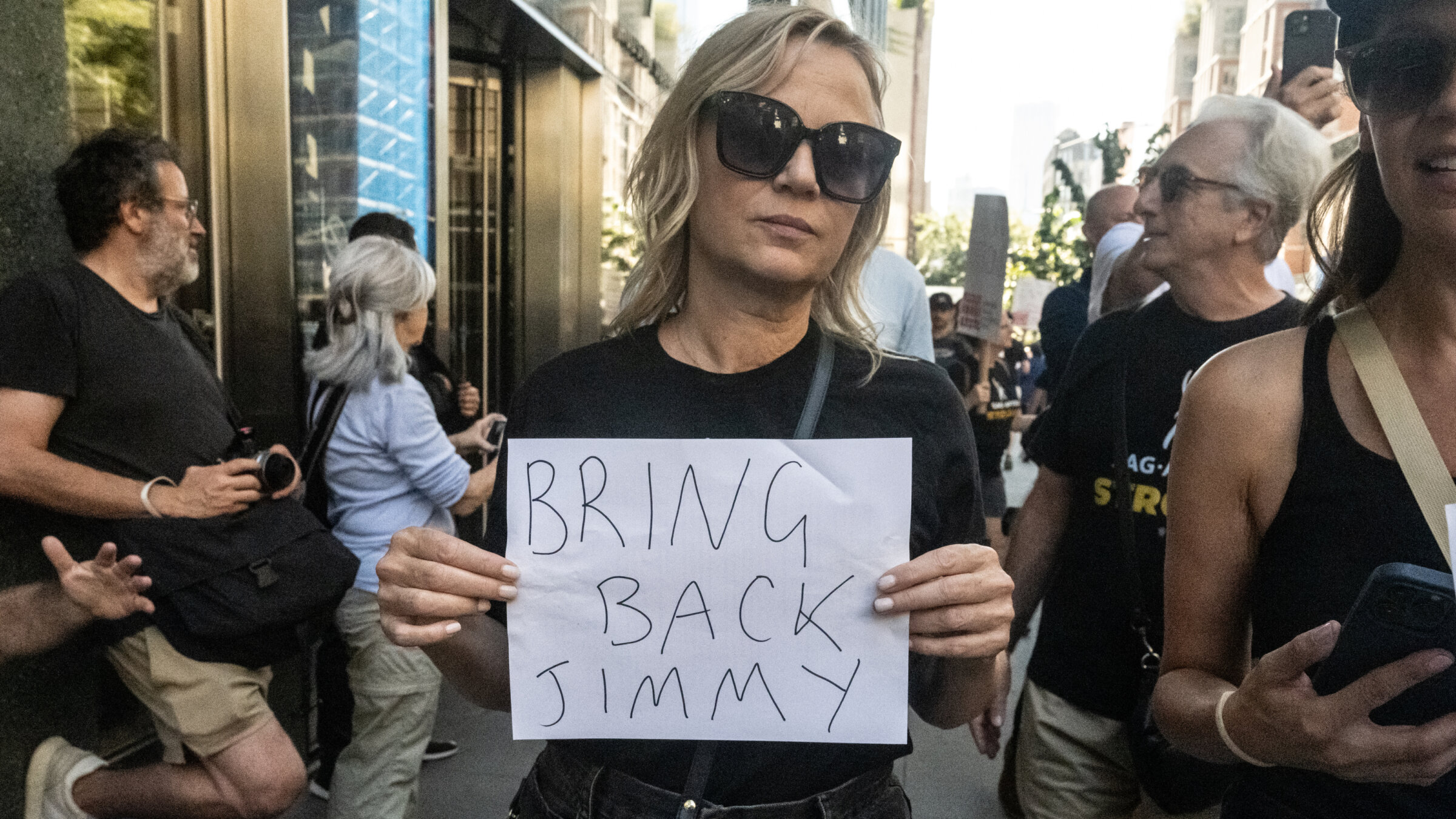 A Sept. 19 protest, organized by the Writers Guild of America East in New York City, against ABC's decision to suspend Jimmy Kimmel from his late night show.