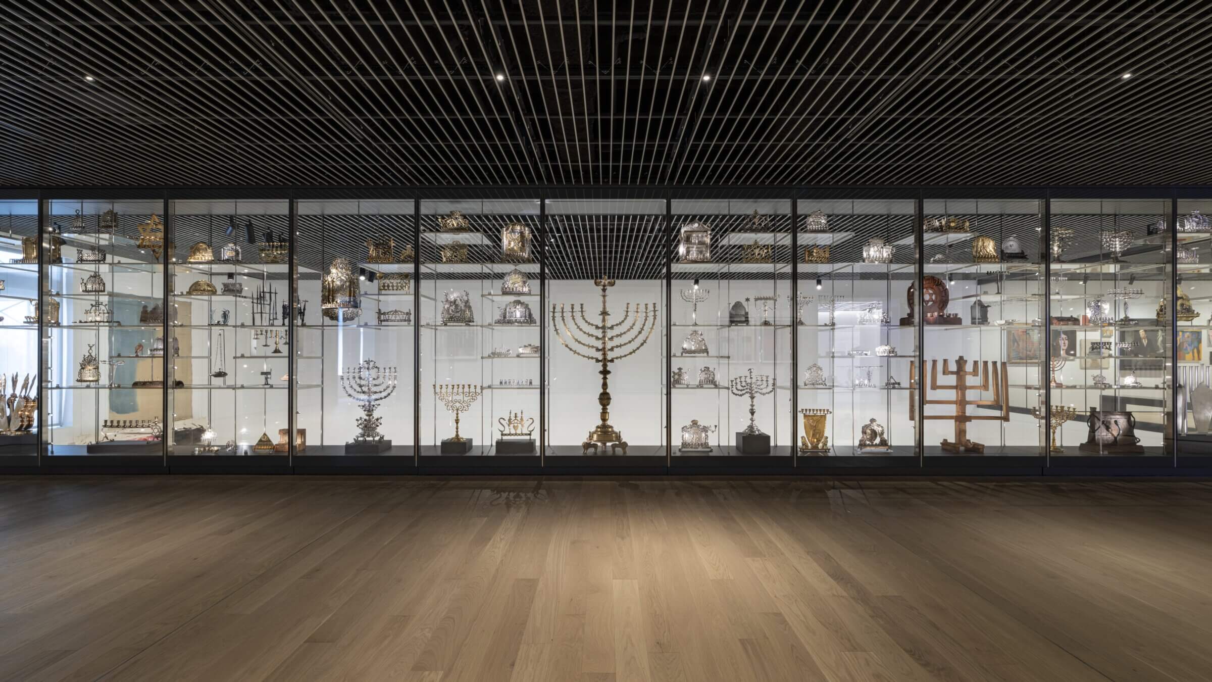 A view from the new fourth floor of the Jewish Museum, with its gallery of Hanukkah lamps.