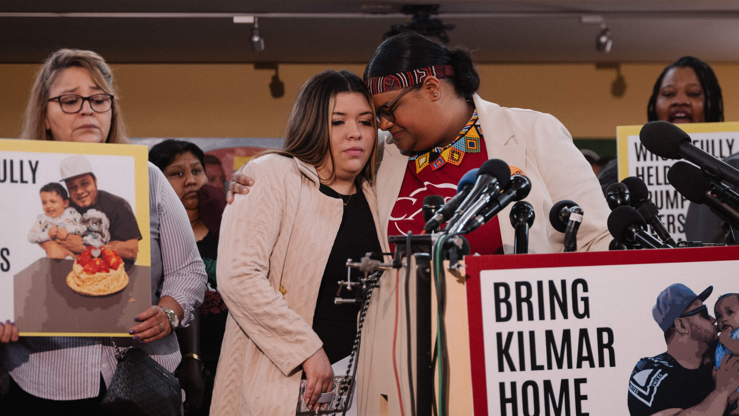 Jennifer Vasquez Sura, whose husband Kilmar Abrego Garcia was incorrectly deported by ICE, speaks during a press conference ahead of Garcia's hearing.
