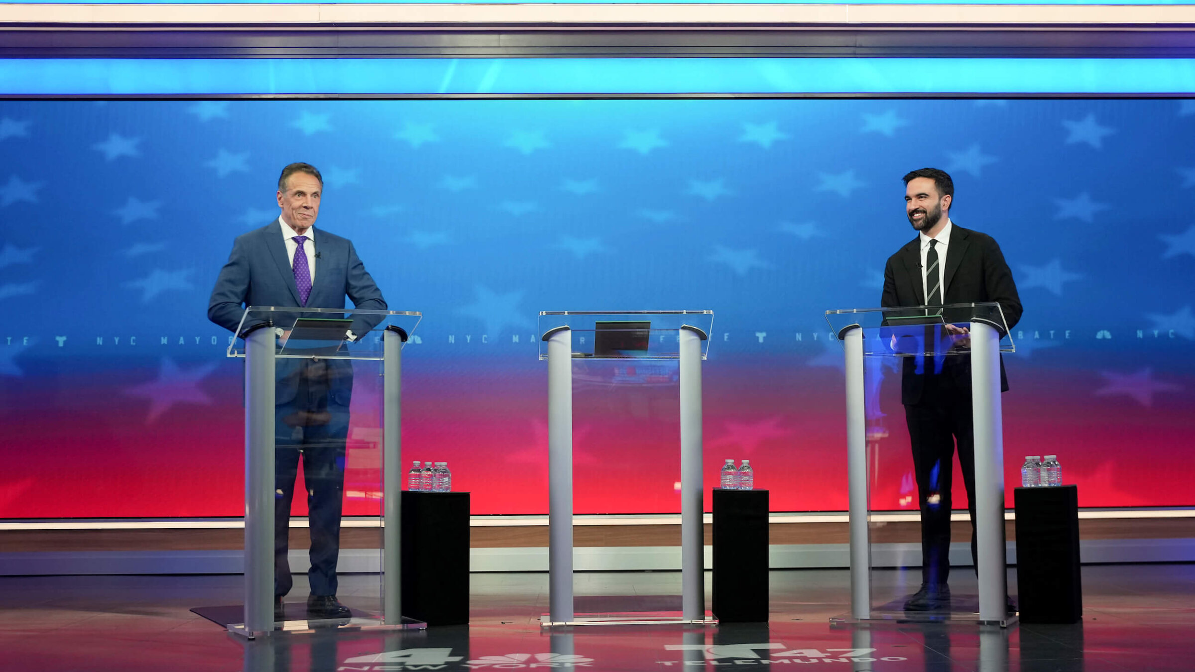 Former New York Gov. Andrew Cuomo, running as an Independent, and Democratic mayoral nominee Zohran Mamdani prepare for a mayoral debate on Oct. 16.