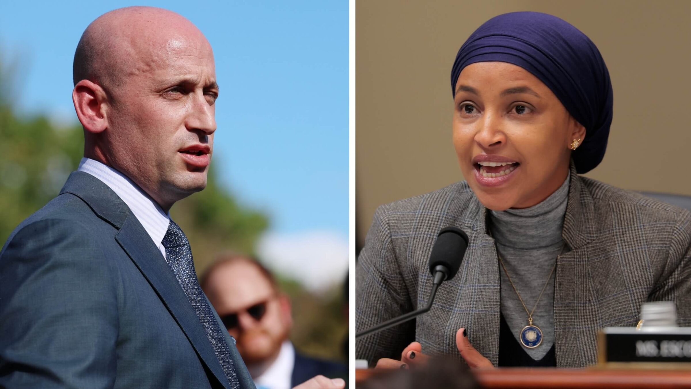 Deputy White House Chief of Staff Stephen Miller, left, and Rep. Ilhan Omar of Minnesota, right.