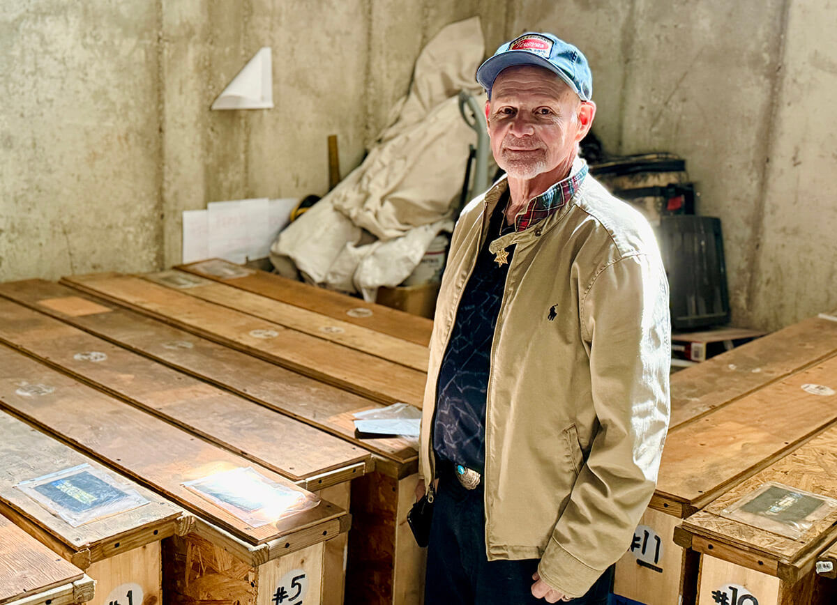 Jerry Orbach in the basement of his Chicago synagogue with 14 stained glass windows rescued from the closed Congregation Beth Achim in Southfield, Michigan.