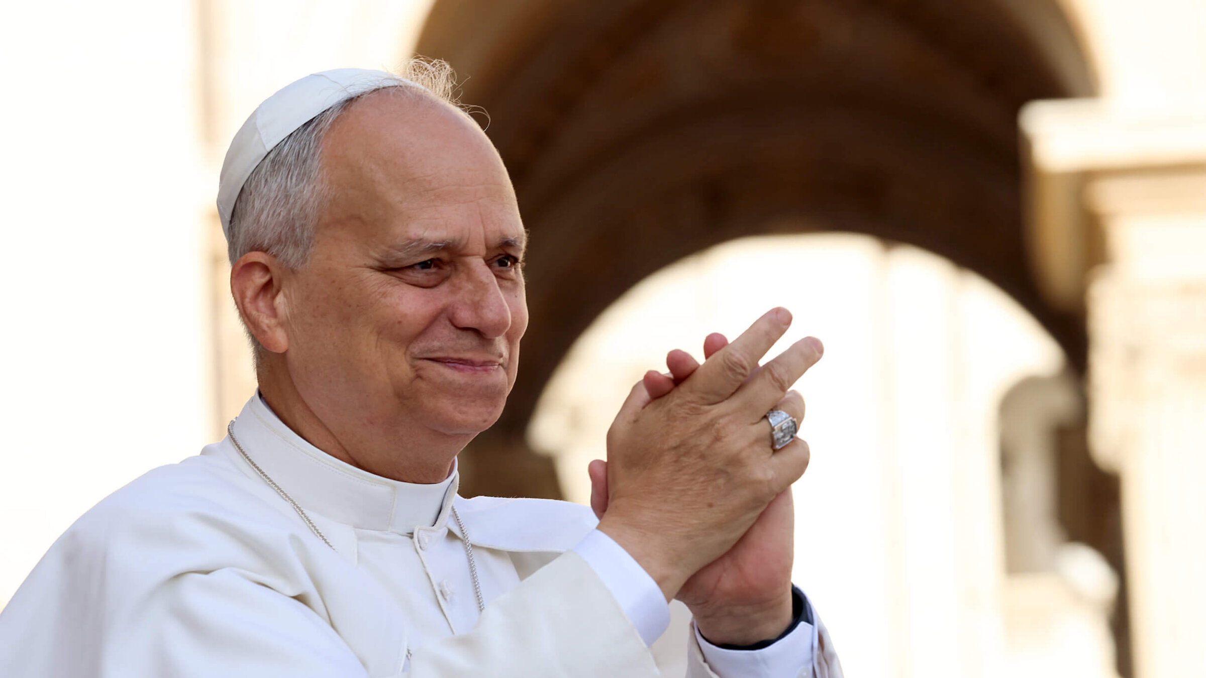 Pope Leo XIV arrives in St. Peter's Square for his weekly general audience on Sept. 17.