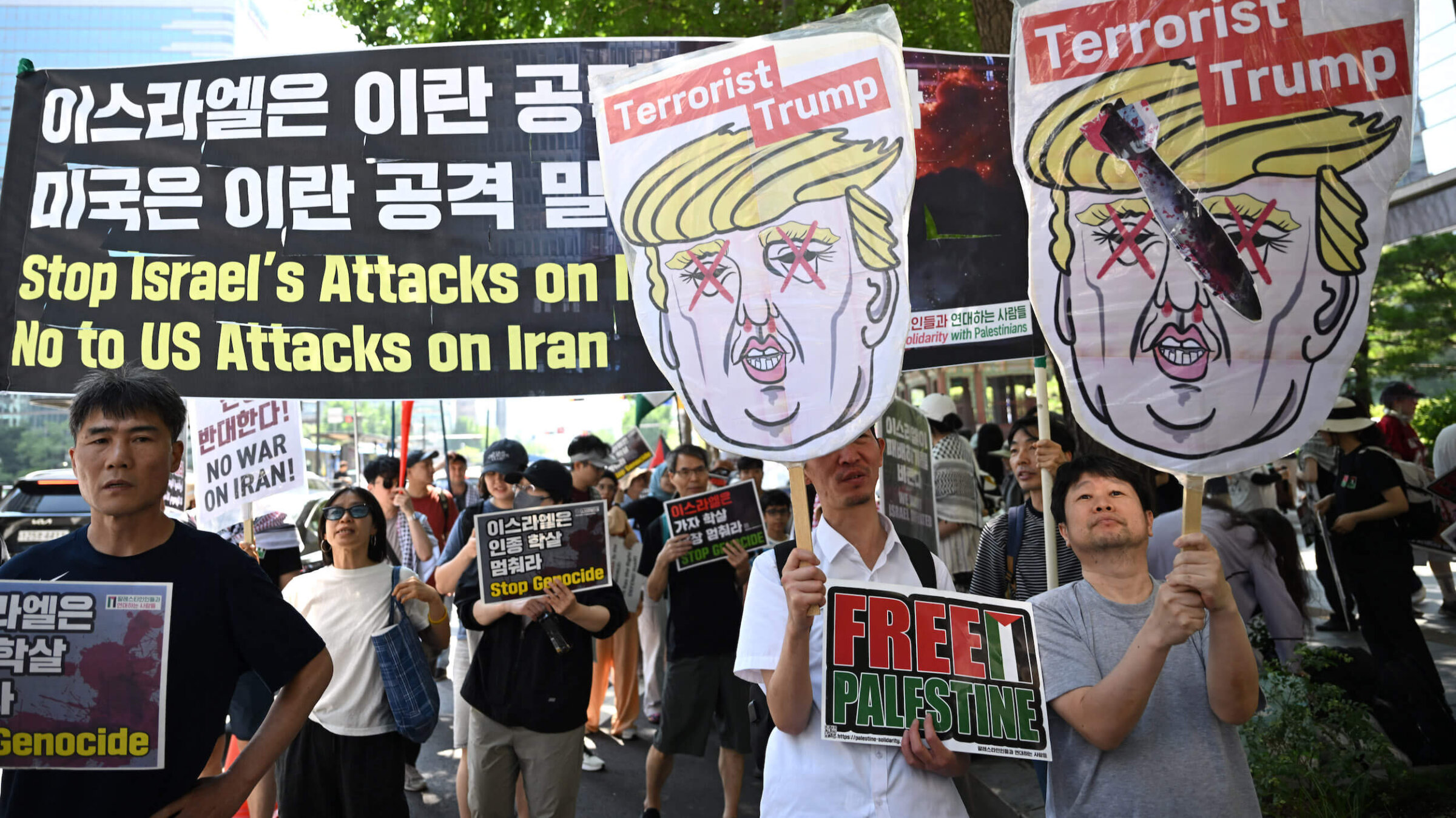 Protesters in Seoul demonstrate against the U.S. attacks on Iran during a protest against in solidarity with Palestinians in Gaza on June 22.