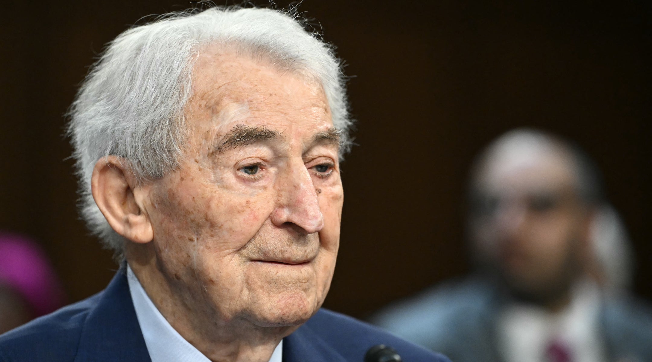 Late president of the Holocaust Survivors Foundation USA (HSF), David Schaecter, looks on during a US Senate Special Committee on Aging hearing on "Never Again: Addressing the Rise of Antisemitism and Supporting Older Americans," at Capitol Hill in Washington, DC, on April 30, 2025. 