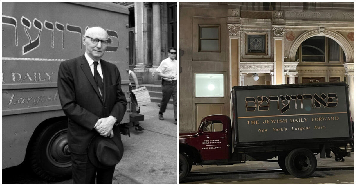 Isaac Bashevis Singer outside the Forward Building in 1968; a Forward truck is seen on the New York set of a new Timothée Chalamet movie in 2024.