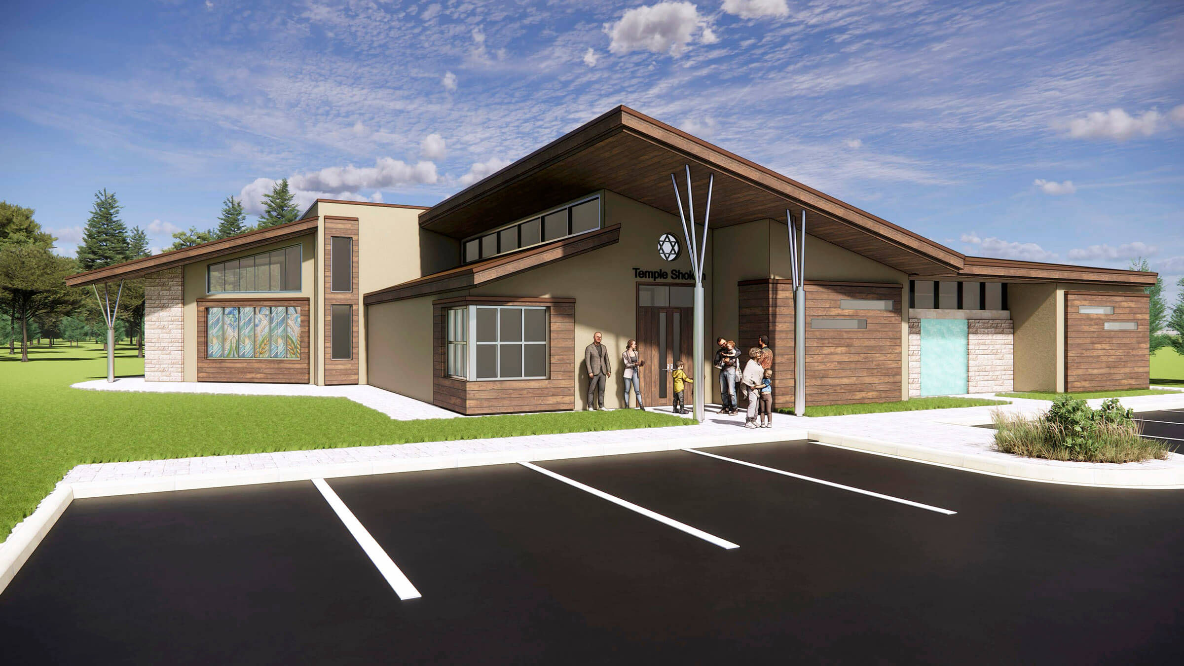 An architectural rendering of the new Temple Sholom, being built in a former cornfield in rural Illinois.