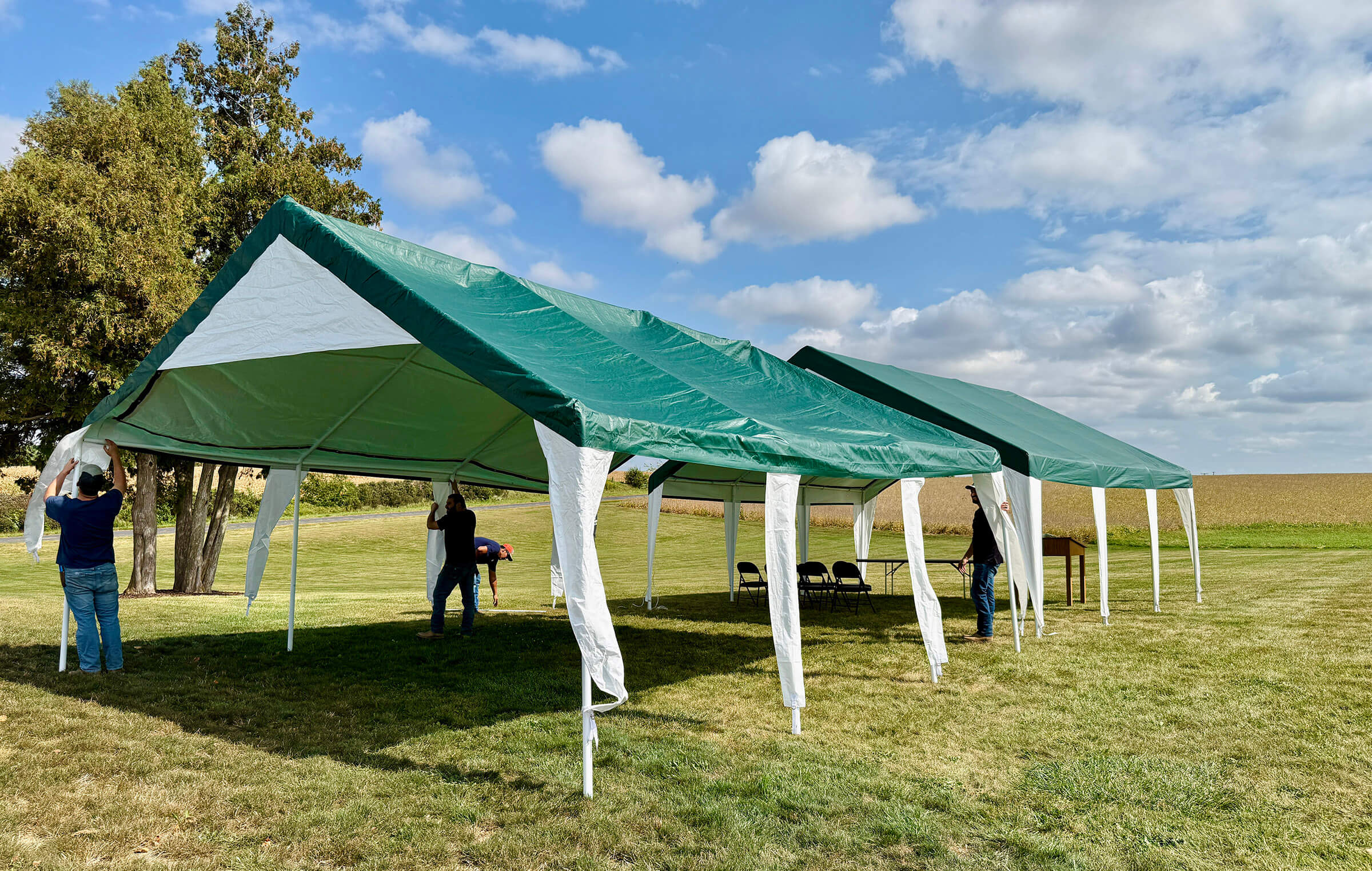 The Jakobs brothers and a few farmhands built a tent for Rosh Hashanah services , something they plan to continue doing until the new shul building is ready.