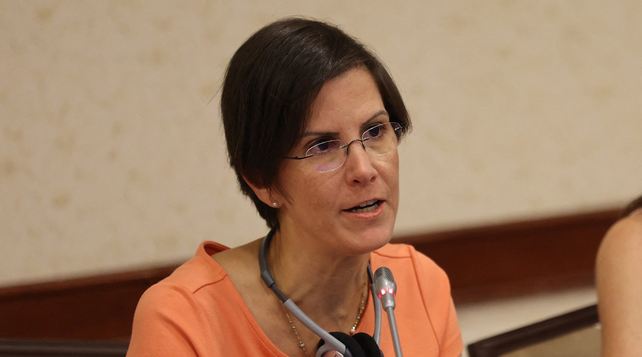 The United Nations special rapporteur on violence against women, Reem Alsalem, addresses a press conference in Ankara on July 27, 2022.