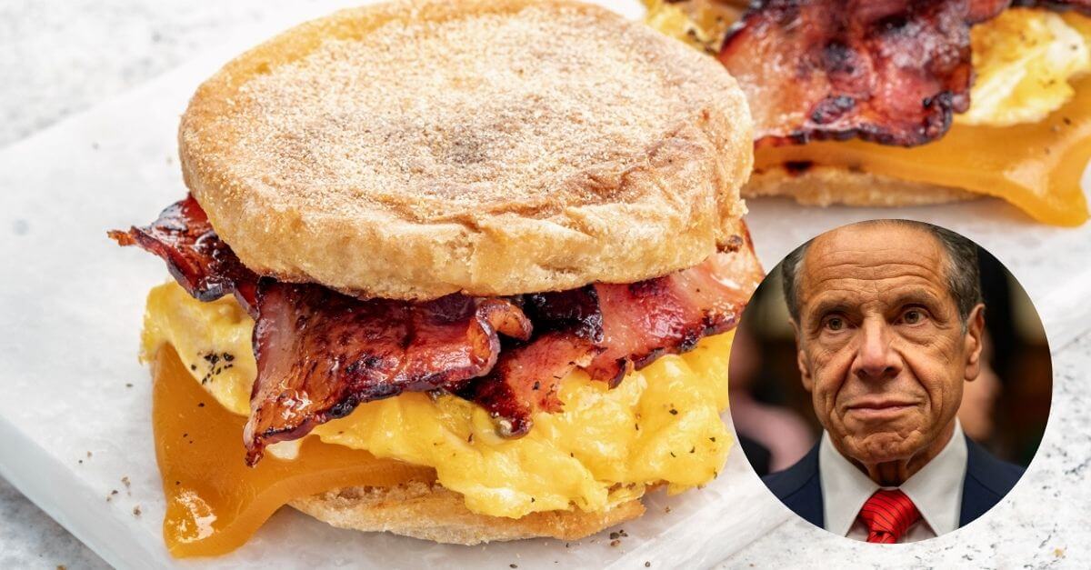 Andrew Cuomo with a "bacon cheese and egg" sandwich. 