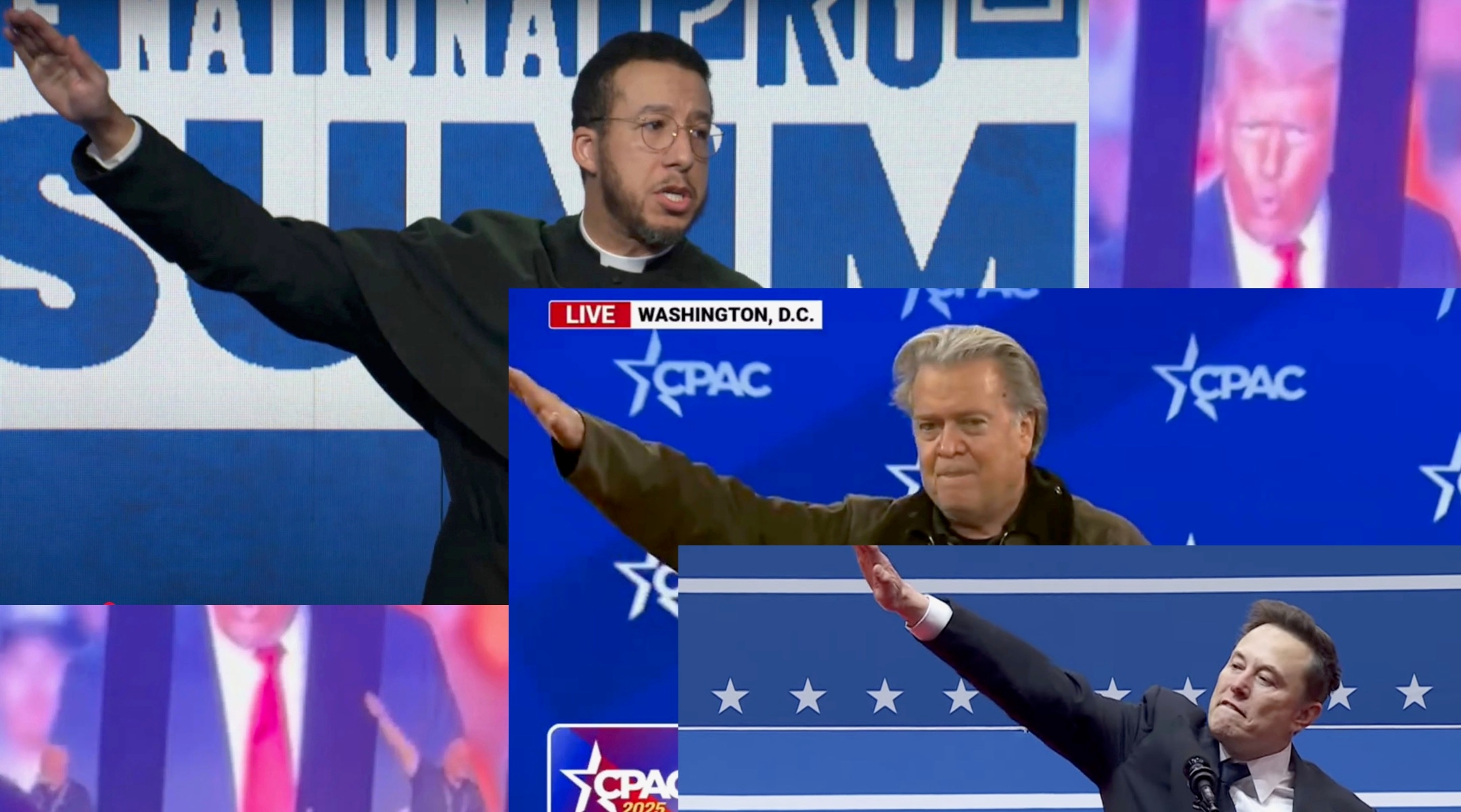 Straight-arm gestures were recently flashed by, counter-clockwise from lower right, White House special adviser Elon Musk, far-right podcaster Steve Bannon, Michigan Anglican priest Calvin Robinson, and the CEO of an Idaho-based construction company. (Images via YouTube)