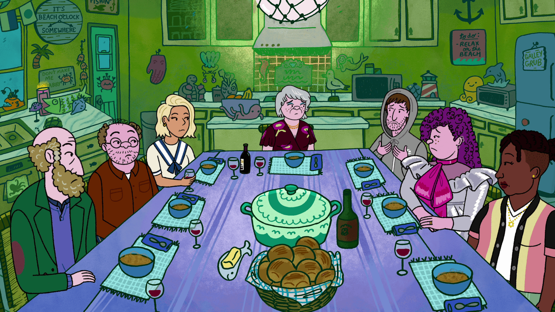 The Schwooper family — including everyone's spouses — over a tense dinner.