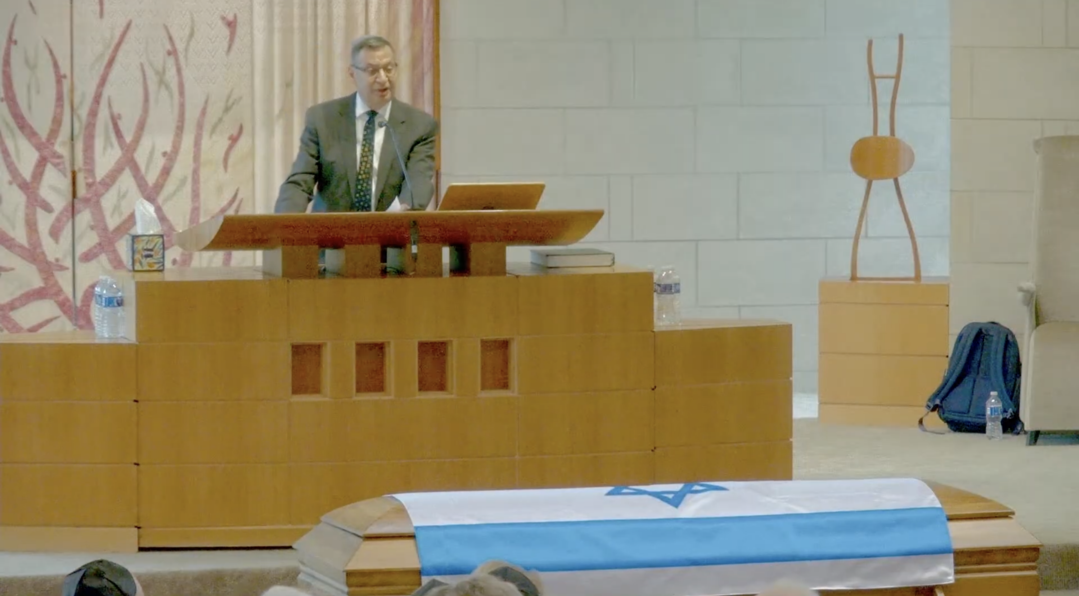 Rabbi Doug Alpert speaks at the funeral of Sarah Milgrim at Congregation Beth Torah in Overland Park, Kansas, on May 27, 2025. (Screenshot)