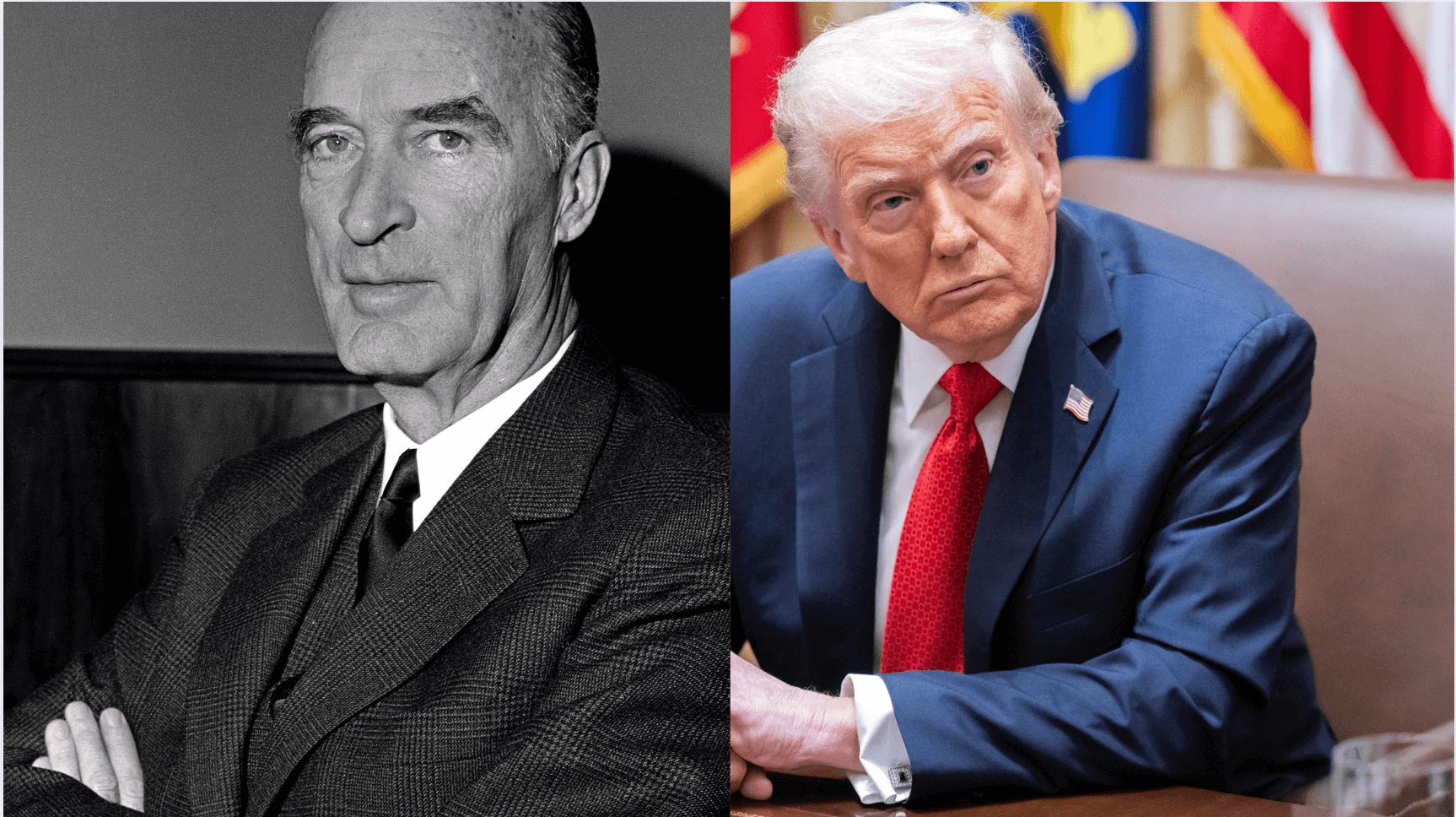 At left, Alfried Krupp. At right, Donald Trump in the Oval Office.